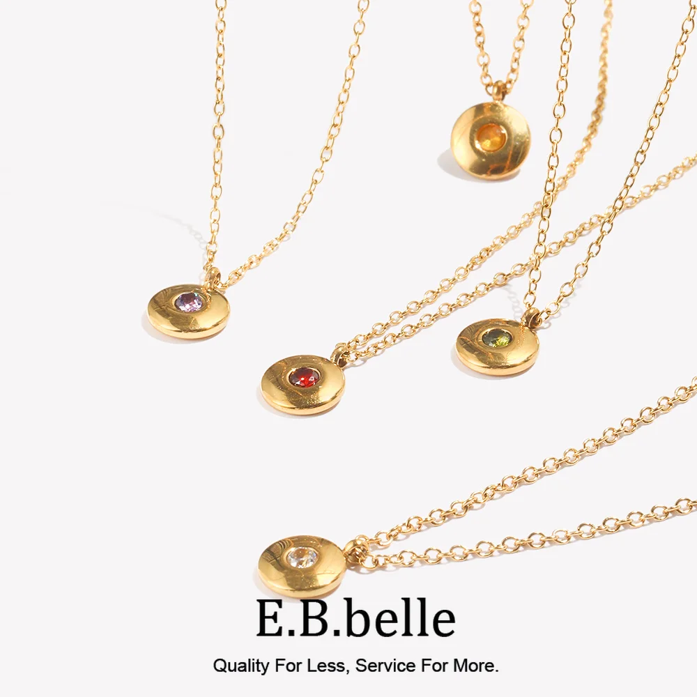 E.B.belle Simple 12 Month Birth Stone Round Card Small Pendant Necklace 316L Stainless Steel 18K Gold Plated Decoration