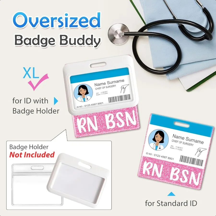 Porta carte di grandi dimensioni RN BSN Badge Buddy XL Bachelor of Science infermiera infermieristica Accessori Glitter Pink ID orizzontale Identifica