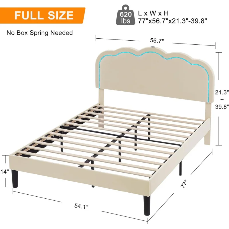 VEO Upholstered Full Frame with Adjustable Headboard, LED Lights,USB-A & Type-C,Velvet Platform Bed Noise Free,Mattres