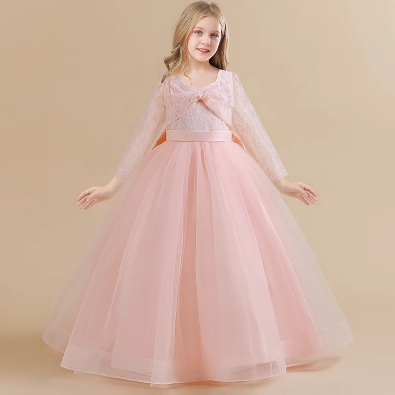 Long Sleeve White Bridesmaid Dress For Girls Children Costume Lace Princess Dresses Girl Dress Wedding Ball Gown 4-14 Years