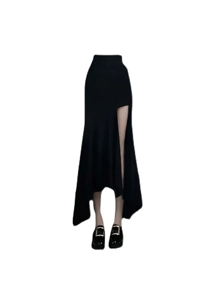 Y2k High Waist Slim Wrap Hip Black Big Split Fishtail Skirt Women Elegant Fashion Irregular Mid-length Dress Korean Style 2022