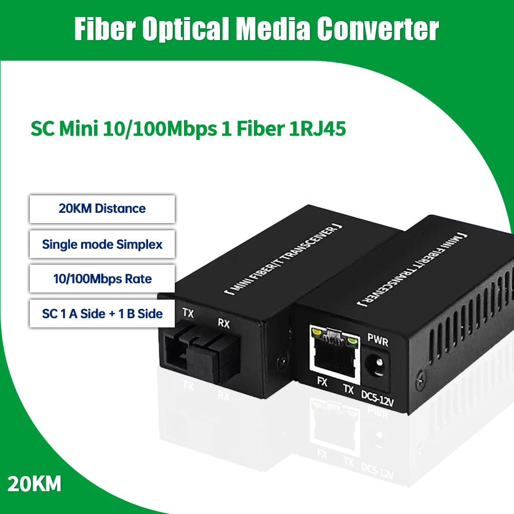 

1 Pair 10/100Mbps Mini 1F1E Optical Fiber Media Converter Fiber Transceiver Singlemode Simplex 10/100M SC 25KM Fiber Switch