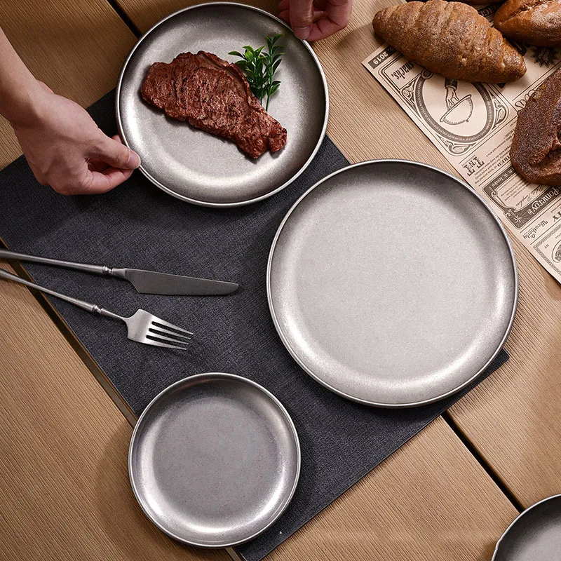 Snow Peak Stainless Steel Round Plates Matte Reto Dinner Dishes Flat Serving Tray Luxury Tableware Kitchen Dessert Cake