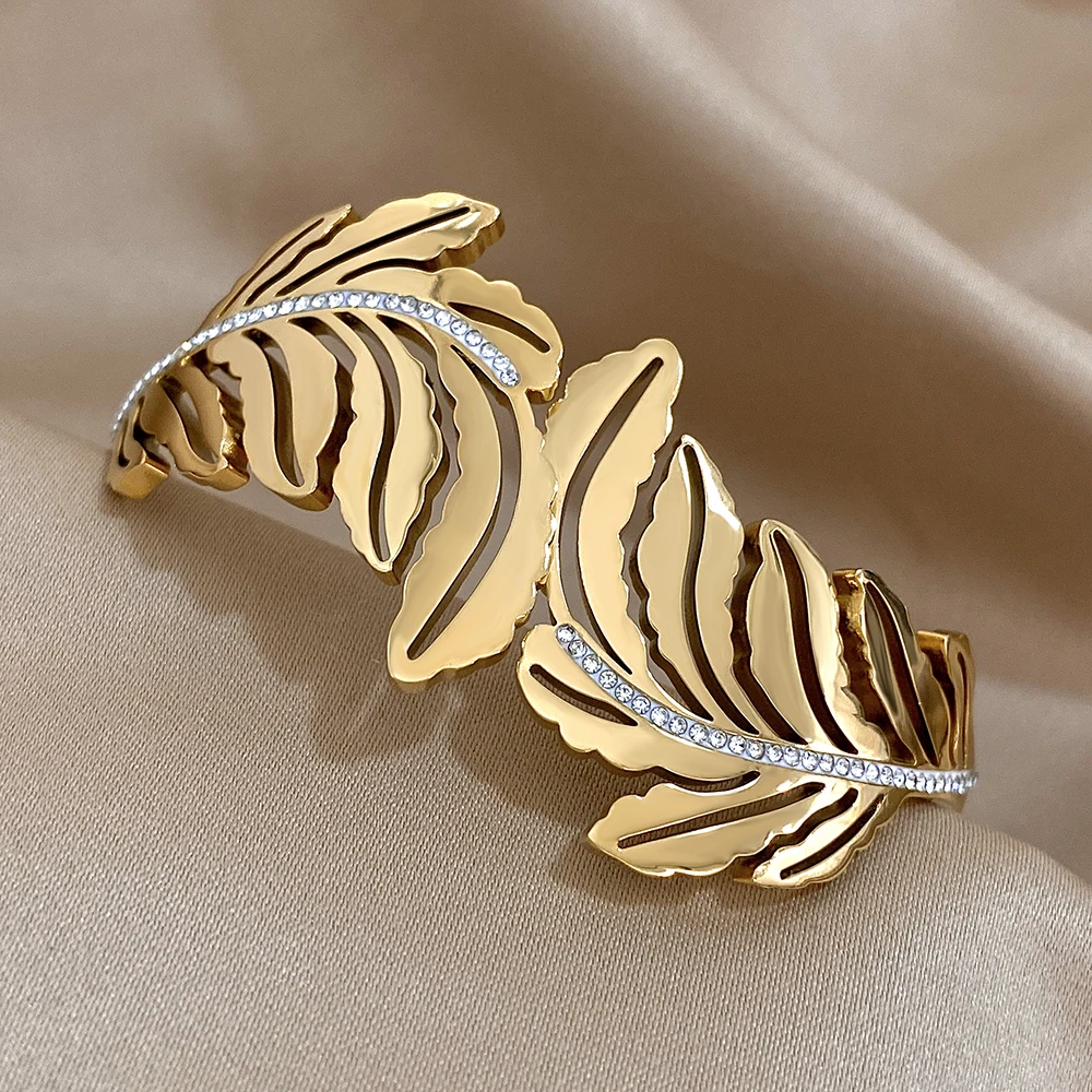 Exquisit Inlaid Rhinestone Feather Leaves Cuff Bracelets Fashion Gold Plated Stainless Steel Smooth Bangles Waterproof Jewelry