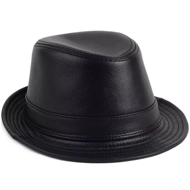 New 2024 Man High Quality Genuine Leather Jazz Fedora Gentleman CowSkin Short Brim Black/Brown Fitted Top Hat Male Shows