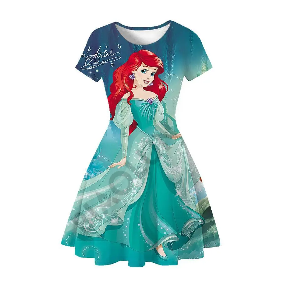 Disney Mermaid Dress Girls Short Sleeve Milksilk Clothes Birthday Party Dresses For Little Kids 3-8 Years