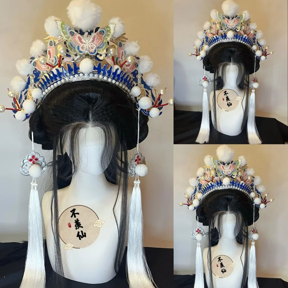 

White Butterfly Pom-pom Opera Hat For Adults Dramatic Classic Tassel Hat Festival Carnival Supplies Cosplay Headgear