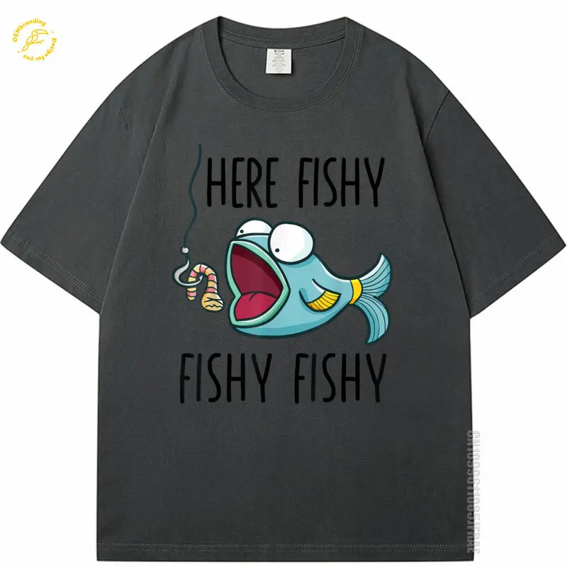 

Рубашка Here Fishy, забавная футболка Fishin большого размера, мужские футболки, хлопковая футболка, мужские топы с короткими рукавами, футболки с круглым вырезом
