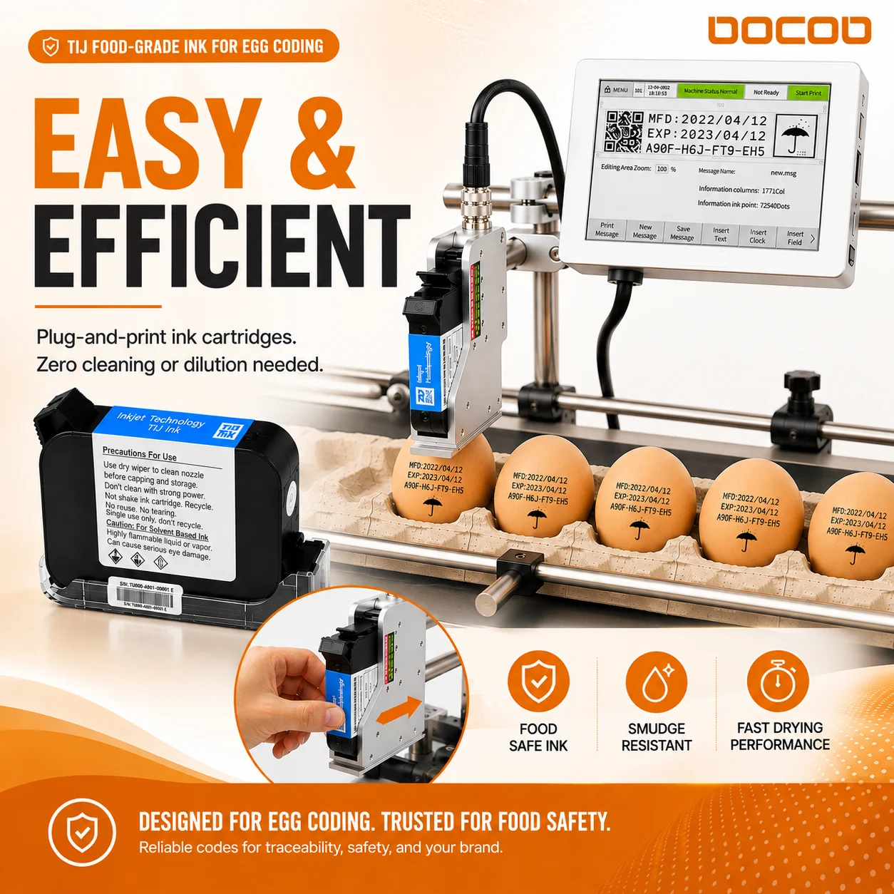 SGS Tested DOCOD Tij Food-Safe Ink Cartridge Low Nozzle Clogging Consumable for Egg Factory Production Line Date Code Printing