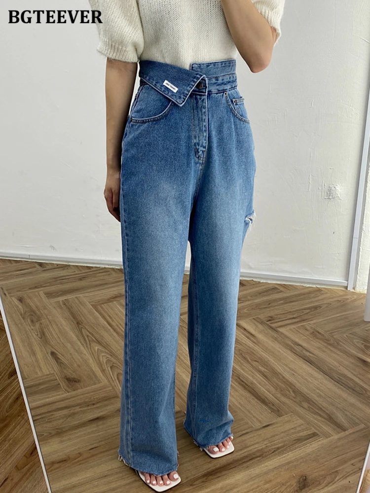 

BGTEEVER Casual High Waist Straight Long Denim Pants Women Spring Autumn Flanging Ripped Holes Female Jeans Trousers