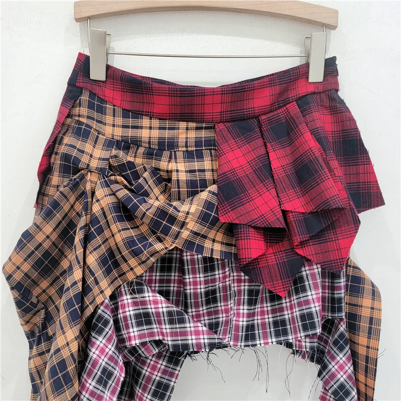 Street Fashion Splicing Plaid Skirt Women Autumn New American Style Irregular Contrasting Skirt Hipster Y2k Skirt Korean Style