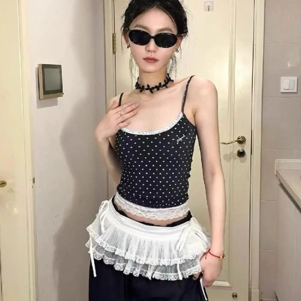 

New Embroidered Flower Lace Mini Skirt Y2K Streetwear Harajuku Lace Up Ruffles Skirt See Through Pleated Skirts Jeans Decoration