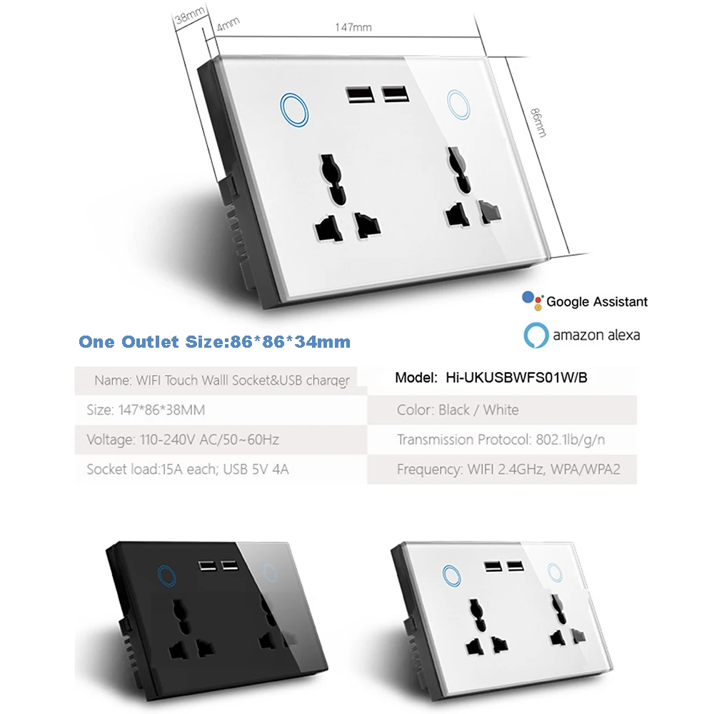 Tuya wi fi inteligente usb tomada de parede tomada elétrica universal 15a interruptor toque energia carga sem fio funciona com alexa google