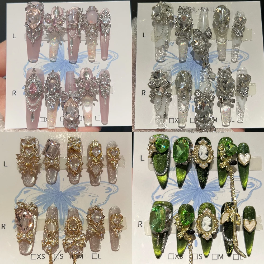 

Sweet Cool 3D Flower Diamond Handmade Long Coffin Stilettos Press On Nails Metal Spider Butterfly Chain Bowknot Pearl Fake Nails