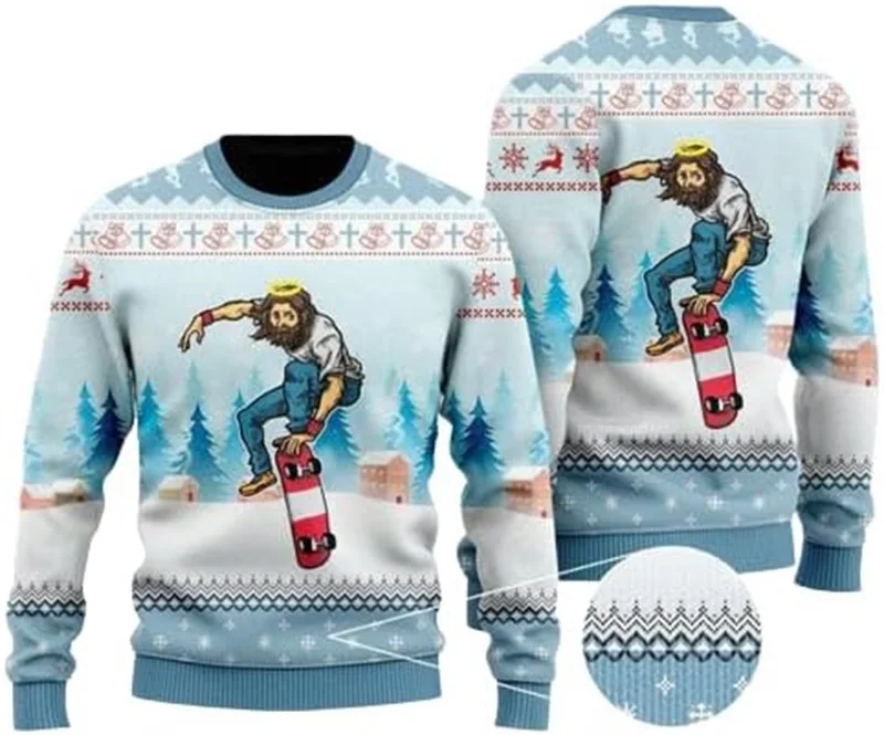 Full Print Funny Jesus Skateboarding Ugly Christmas Sweatshirts For Men Women Casual Crew Neck Jumper Sweatshirt Streetwear