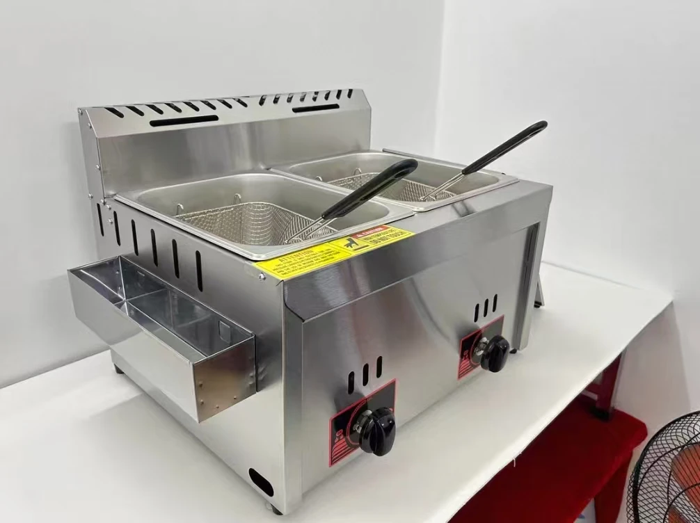 Doppelte Gasfritteuse, Edelstahl, Huhn, gebratene Pommes-Frites-Maschine, kommerzielle Fritteuse, Fritteuse