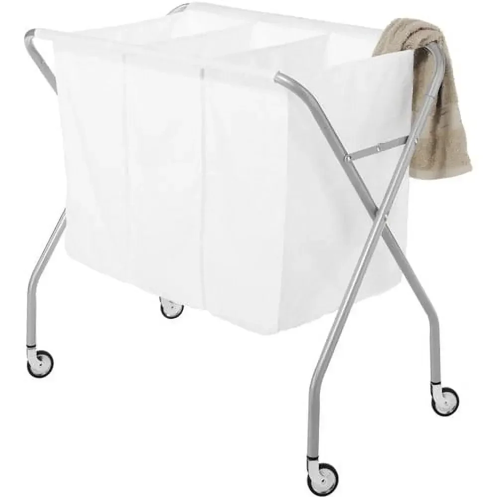 

3-Section Heavy Duty Metal Laundry Sorter Organizer with Canvas Bag Adult Portable & Foldable Silver & White Easy Assembly