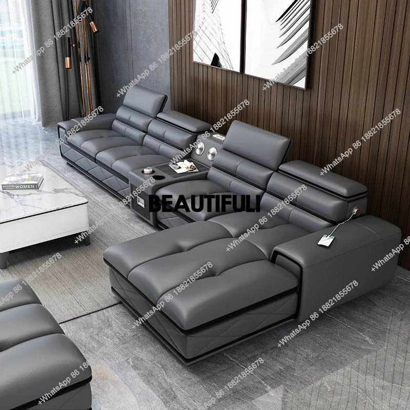 Modern Genuine Leather Sectional Sofa Sets Couch Sofas with USB Charging and Bluetooth Speaker - MINGDIBAO Living Room Furniture