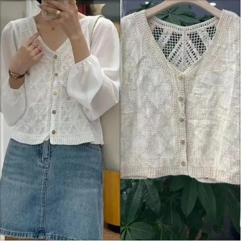 Korean Knitted Chiffon Shirt Women Patchwork Long Sleeve Casual Cropped Top