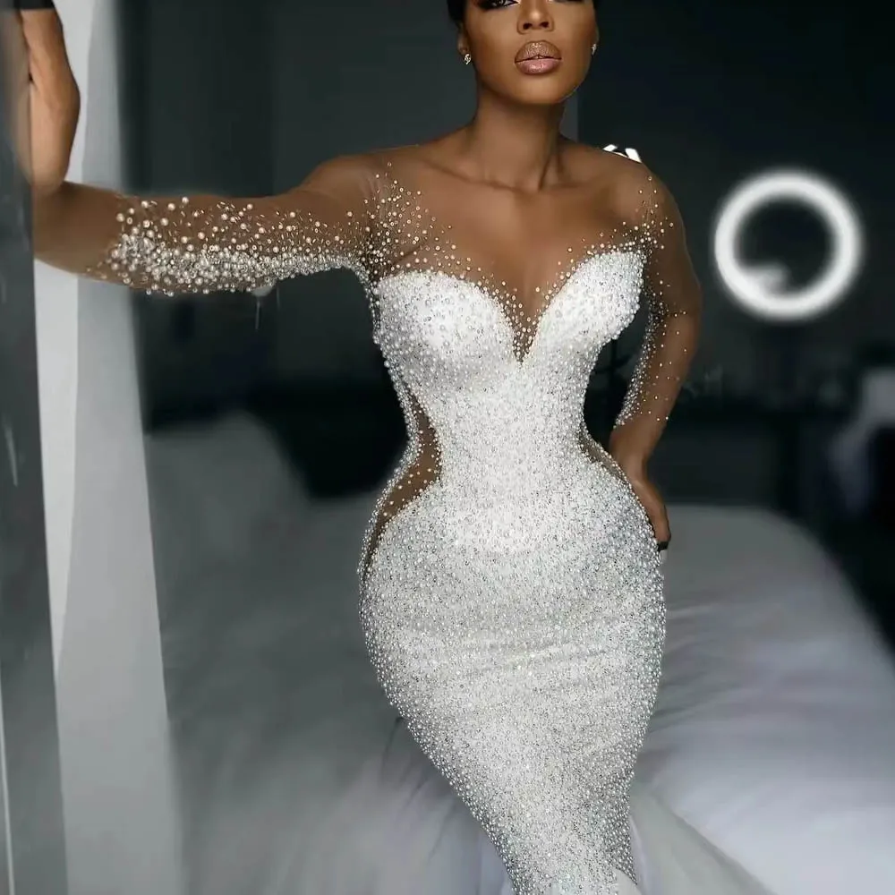 Vestido de novia personalizado de sirena con cuentas exquisitas de Bella para mujer, vestidos de novia de manga larga de malla transparente, vestido de novia africano