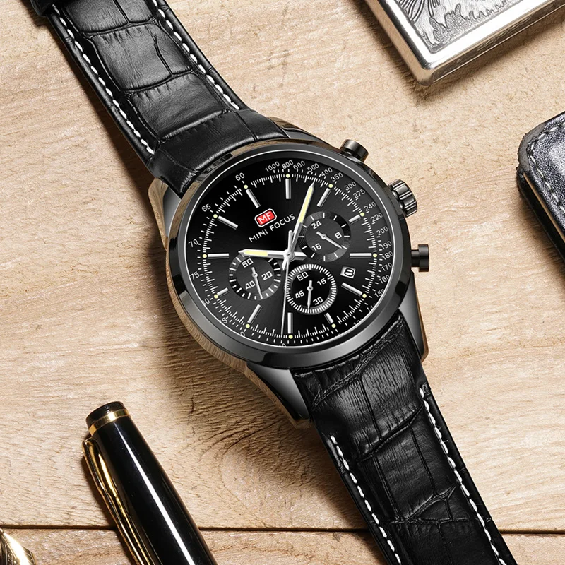 Top Brand Men's Leather Watch Luxury Quartz Watch Casual Business Sport Waterproof Chronograph Wristwatch with Date Display