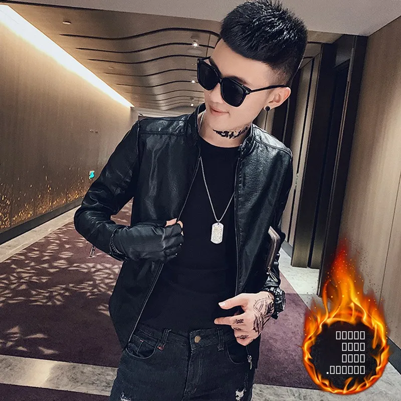 

Sli ort Stand Collar Leather Jaet Men's S Size Faionable Trendy Youth Casual Winter Coat Durable Long Sve Zipper