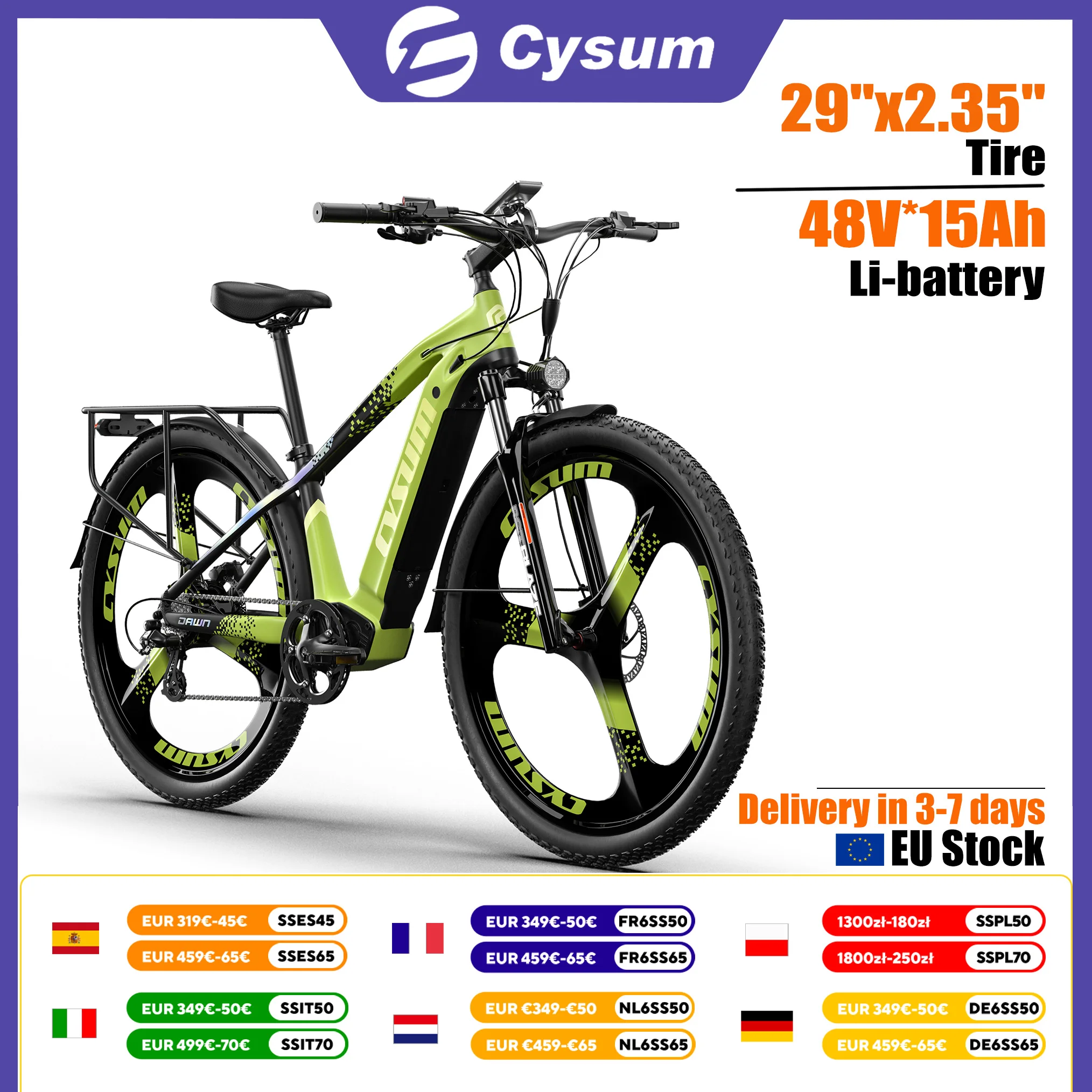 Vélo électrique de montagne CYSUM M520, vélo électrique tout-terrain pour adultes de 29 pouces, vélo électrique assisté par pédale, batterie 48 V 15 Ah, cassette à 7 vitesses