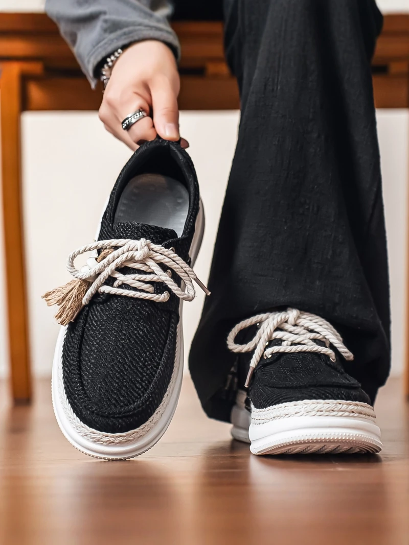 Casual Canvas Shoes for Men Autumn Trendy All-Match Leisure Woven Grass Fishing Boots Teenagers Sports Thick Bottom Lightweig...
