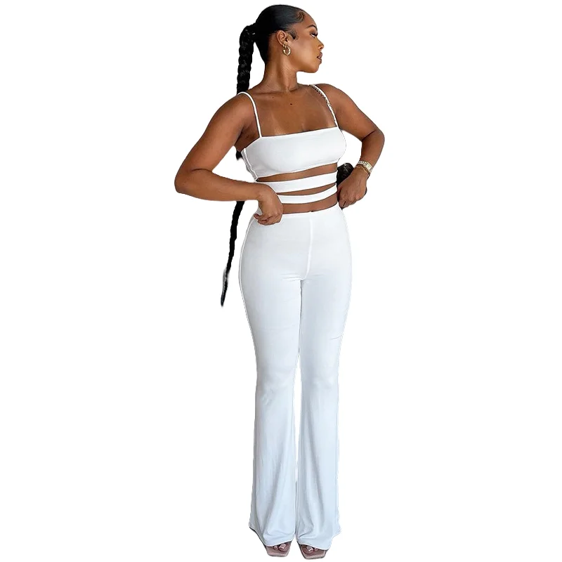 

Women's Hollow-Out Backless Halter Sleeveless Vest Tops & Long Flare Pants, Solid Color, 2pcs Set