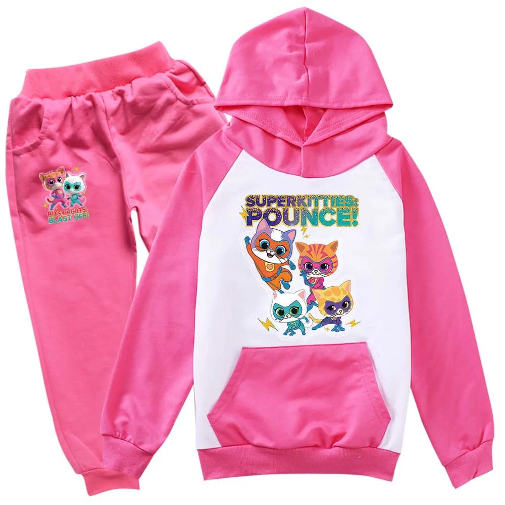 Cartoon Superkitties Clothes Baby Girls Super Cats Hoodie Kids Pullover Hooded Sweatshirts Pants 2Pcs Sets Teen Boys Tracksuits