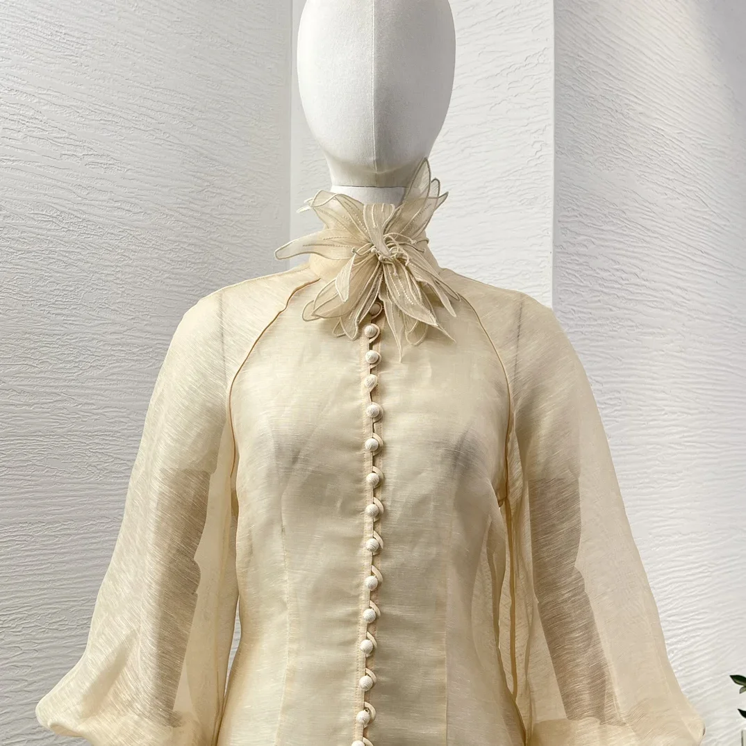 

2025 High Quality Beige Long Sleeve Flowers Appliqued See Through Blouse Tops
