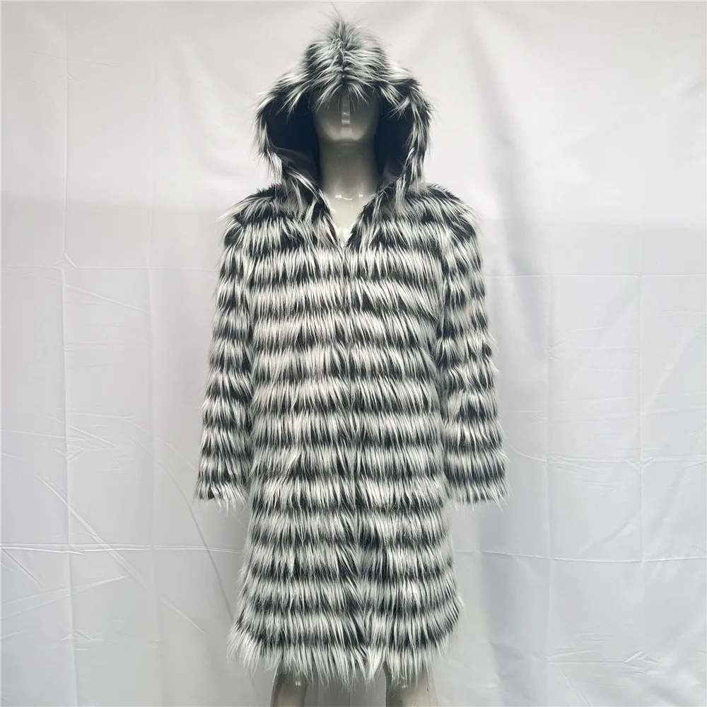 ZADORIN Autumn Winter Men Faux Fur Coat Hooded Fashion Leopard Plaid Pattern Long Windbreaker Fluffy Faux Fur Jacket Men Jackets