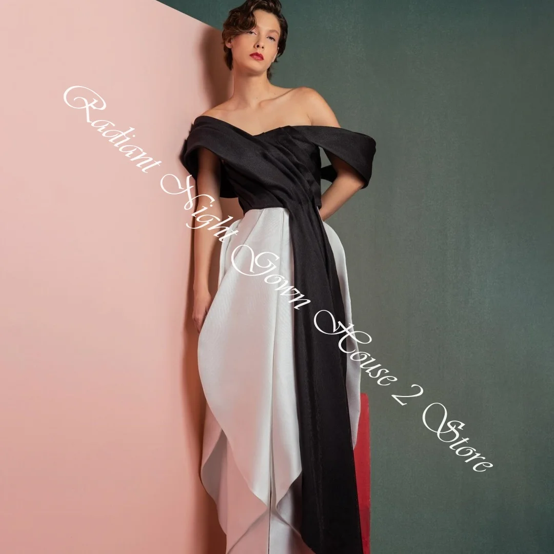 Op maat gemaakte delicate satijnen rechte off-the-shoulder avondjurken strapless homecoming-jurk met ritssluiting op de rug en korte mouwen