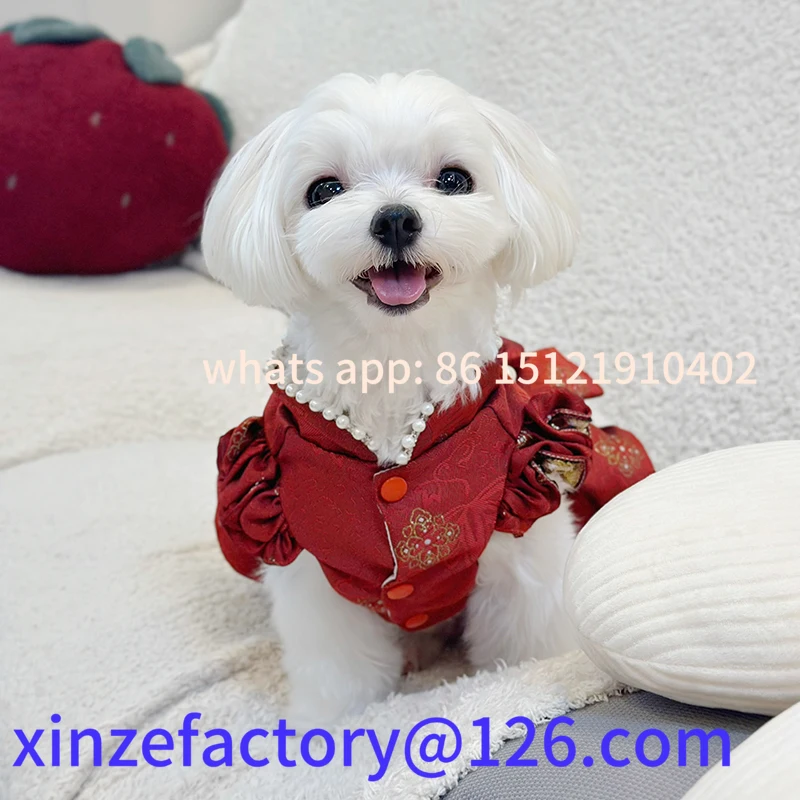 Customizable burgundy pet cheongsam teddy bear pony festive clothes small dog wedding New Year's clothing