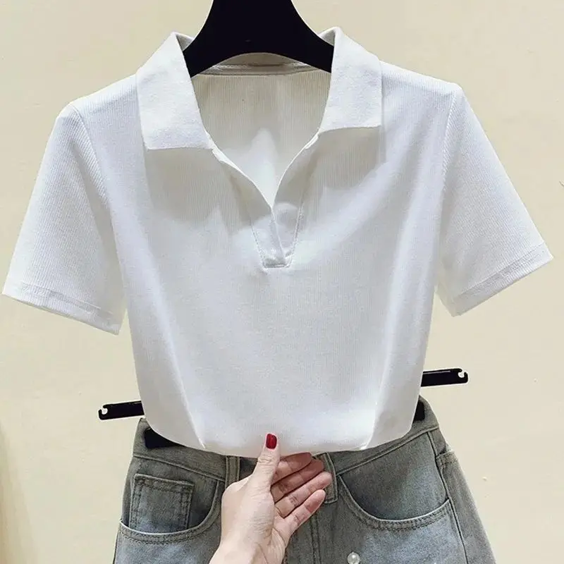 Korean Streetwear Summer V-Neck Slim Stylish Solid Color Top Chiffon Comfortable Minimalist Short Sleeve Thin Women\'s T-shirt