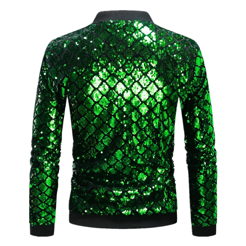 Fashion Men Baseball Collar Sequin Jacket Green / Black / Blue Trendy Homme Party Dance Bar KTV Luxurious Casual Coat