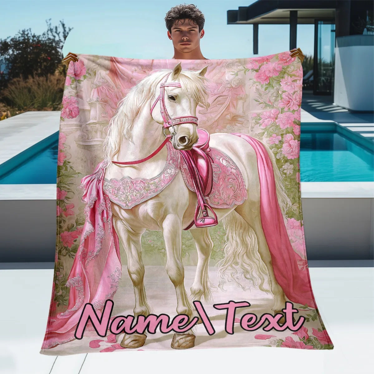 Personalisierte weiße Pferdedecke mit rosa Dekoration und leichter Bettwäsche, perfekt für Schlafsofas, Reisen, Camping, Wohnzimmer