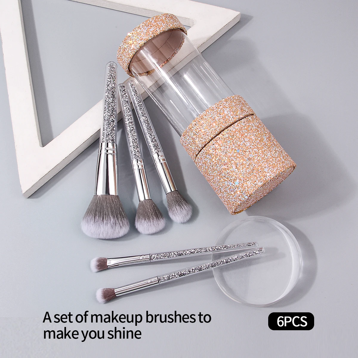 6PCS 고급스러운 메이크업 브러쉬 세트, 다이아몬드 핸들 루스 브러쉬 블러쉬 브러쉬 세트 + 대용량 보관 버킷
