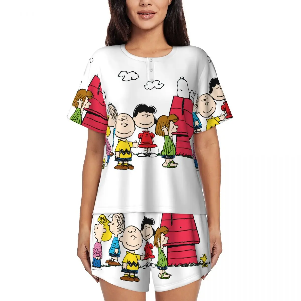 

Женские пижамные комплекты с рисунком Снупи Вудсток, аниме, собака, состоящие из 2 предметов, с короткими рукавами, шорты, одежда для сна