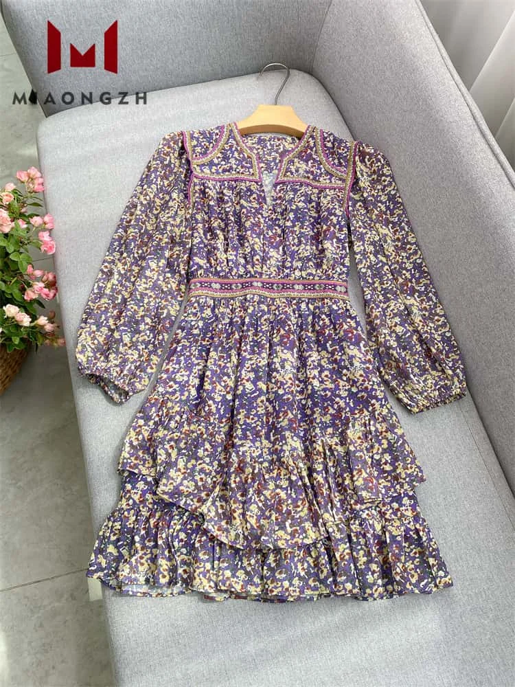 

High End Printing Fashion Vintage Ruffle Holiday Dress For Women V Neck Long Sleeve 2025 New Female Luxury Short Party Dresses