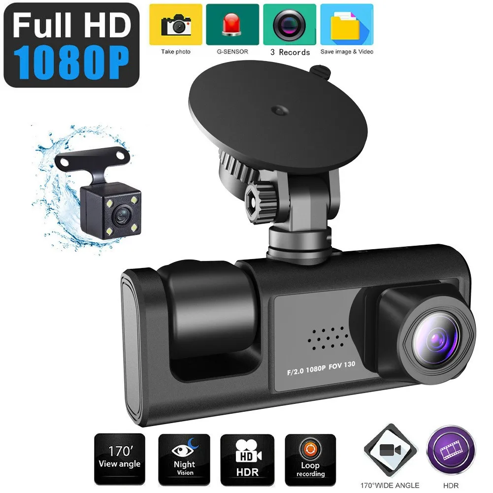 

3 Channel Car DVR HD 1080P 3-Lens Inside Vehicle Dash CamThree Way Camera DVRs Recorder Video Registrator Dashcam Camcorder