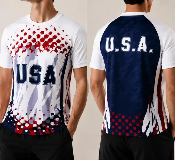 Men's Quick Dry Sports T-Shirt USA Patriotic Dot Print Short Sleeve Athletic Training Tee Casual Breathable Workout Jersey