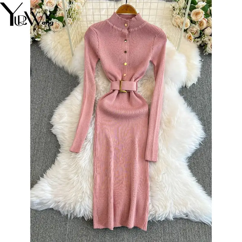 GetSpring Women Dress 2025 Spring Elegant Stand Collar Single Breasted Belt Slim Fit Full Sleeve Long Bottoming Knitted Dresses