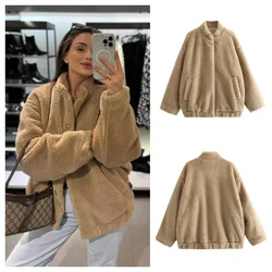 PB&ZA2024 Autumn New Women's Fashion Style Loose, Casual, Warm, Simple, Versatile Stand up Collar Fleece Flight Jacket