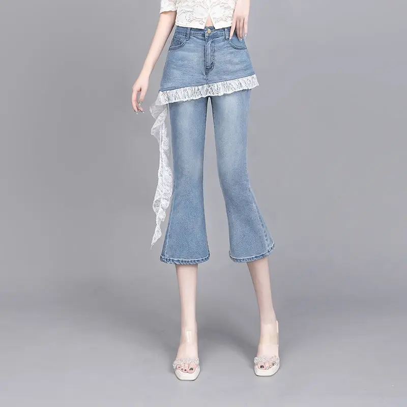 

Women's 2026 New Lace Trim Bootcut Denim Pants High Waist Splicing Two Piece Cropped Jeans Slim Fit Casual Trousers