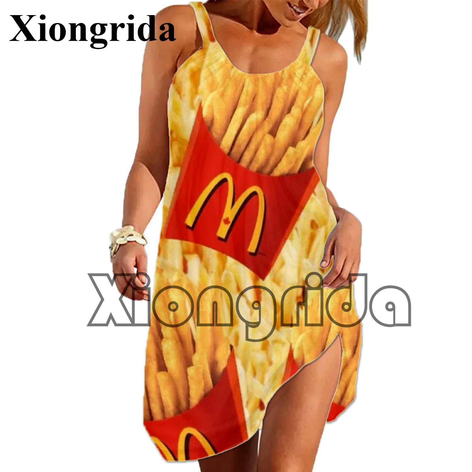 Novità patatine fritte stampate Slip Dress abiti Casual senza maniche moda 3D Snack stampato allentato Camis Dress vestiti femminili