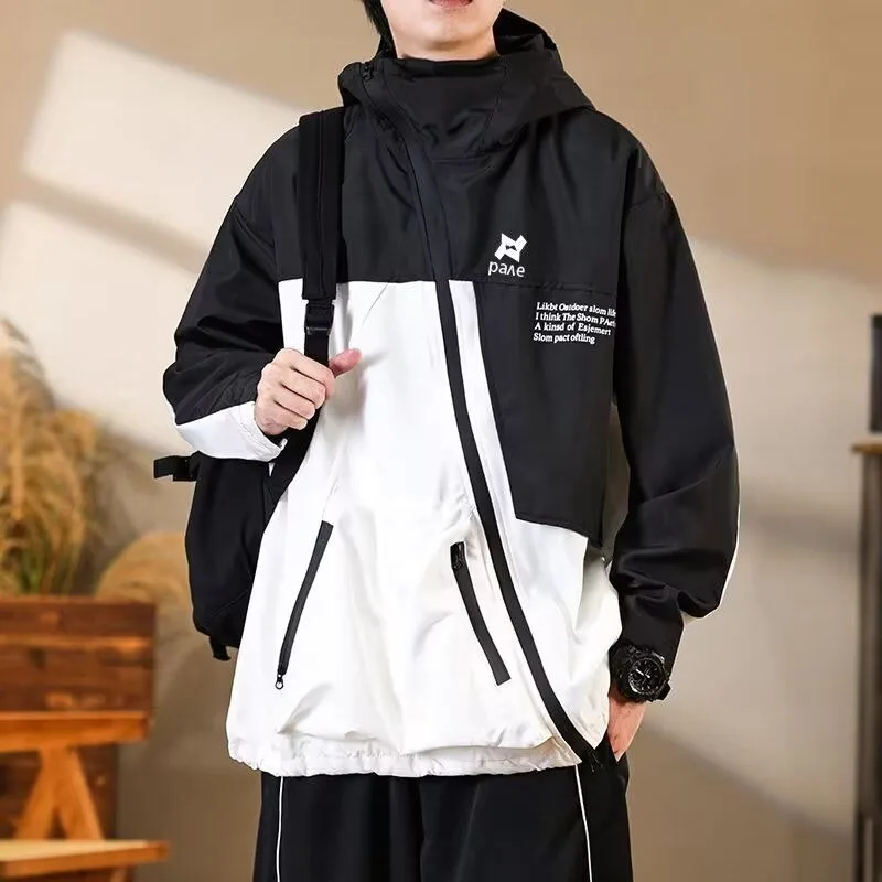 

Diagonal Zipper Outdoor Jacket Contrast Color Hooded Jackets Women Campus Youth Sport Jackets Windbreaker for Men Outerwear
