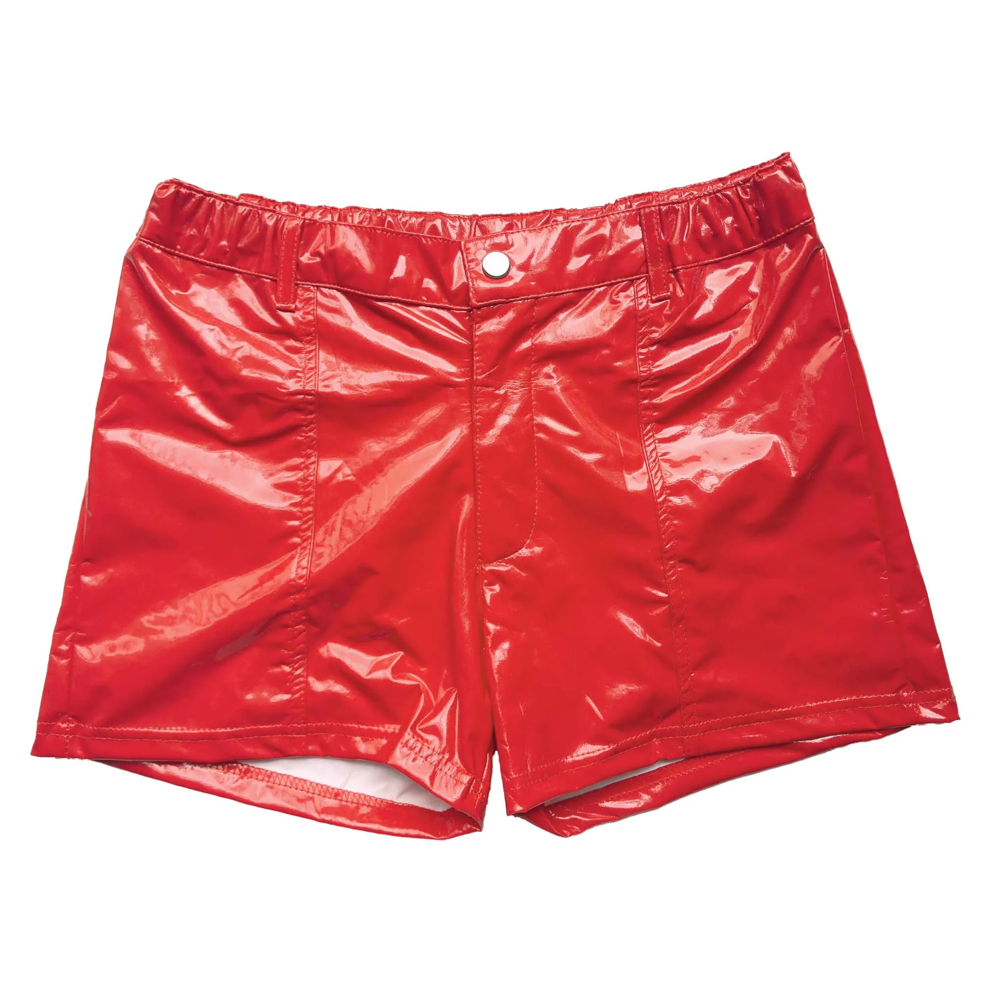 Punk-style Men's Elastic Waistband Faux Leather Hot Pants Button Fly Slim Glossy PVC Leather Casual Shorts for Man