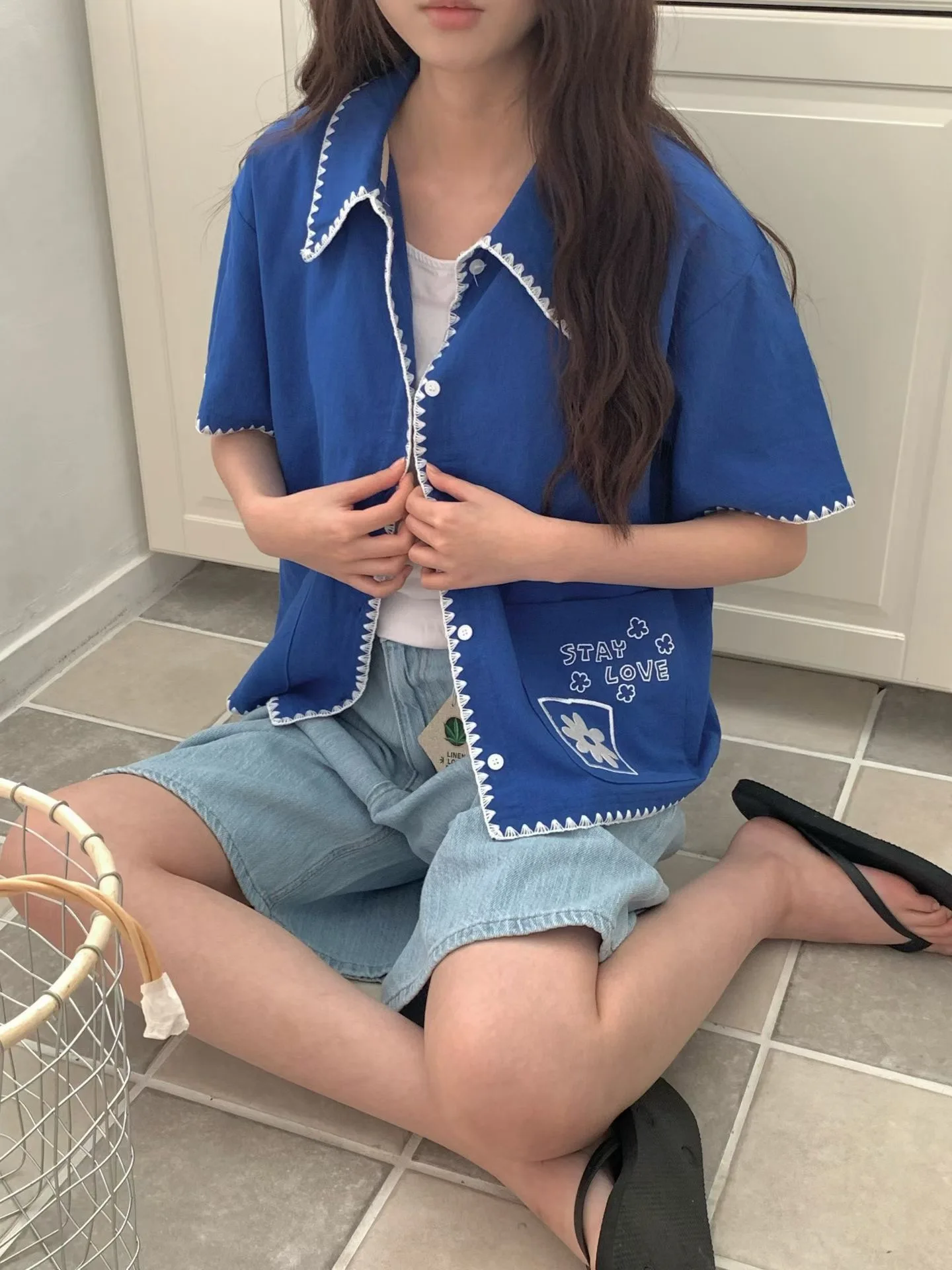 

Dongda Gate Women's Fashionable Short Sleeve Embroidered Shirt Stand Collar Slimming Casual Loose Fit Breathable Cotton