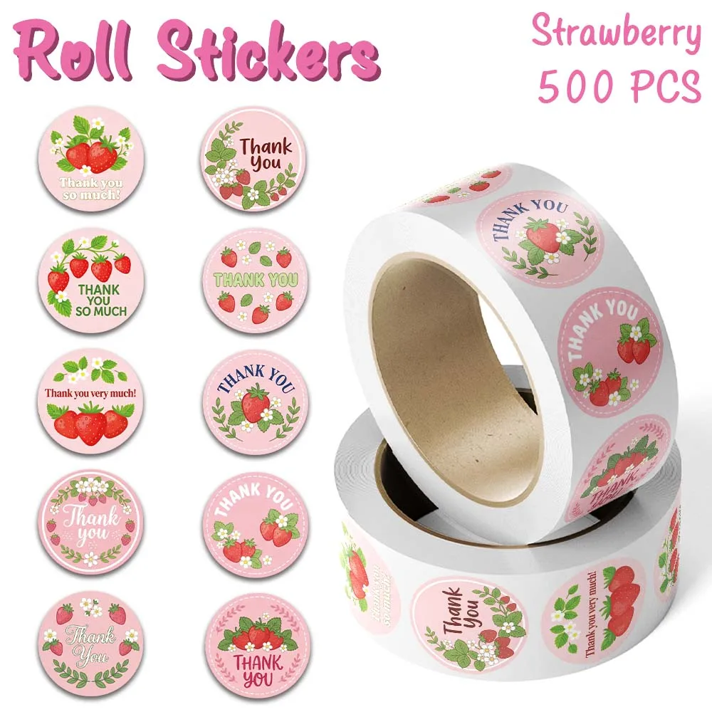 500pcs Strawberry Thank You Roll Stickers Cute Pink Fruit Floral Decals For Suitcase Notebook Skateboard Guitar DIY Stickers